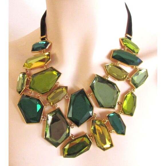 DESIGNER JOAN RIVER MULTI COLOR GREEN BLACK VELVET/CHAIN STATEMENT NECKLACE - Picture 1 of 9